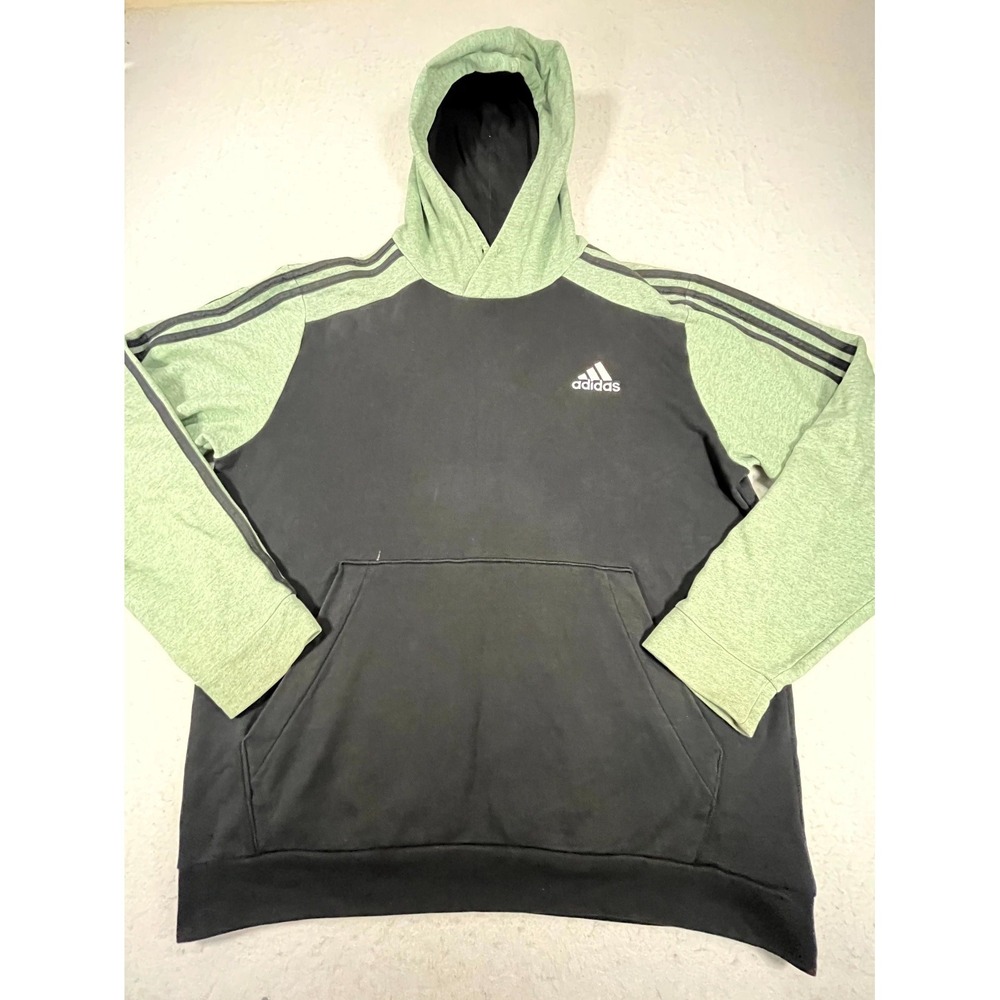 Adidas Hoodie Mens Large Black Green 3 Stripe Logo Ribbed Athletic Warm Wear